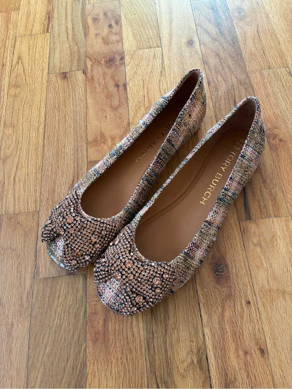 Tory Burch Pink Tweed Crystal Bow Embellished Ballet Flats Womens Size 8.5